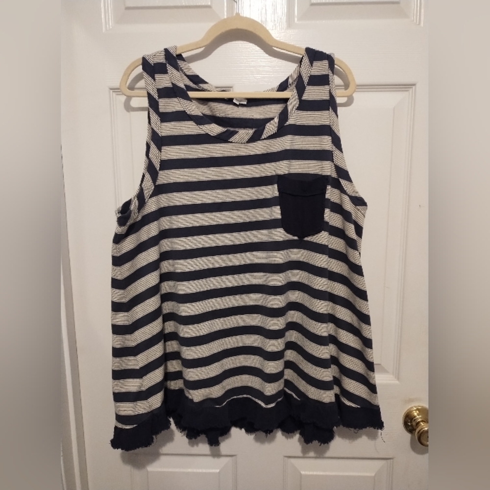 White Birch Plus Size Navy Striped Tank With Chest Pocket and Ruffle Hem
